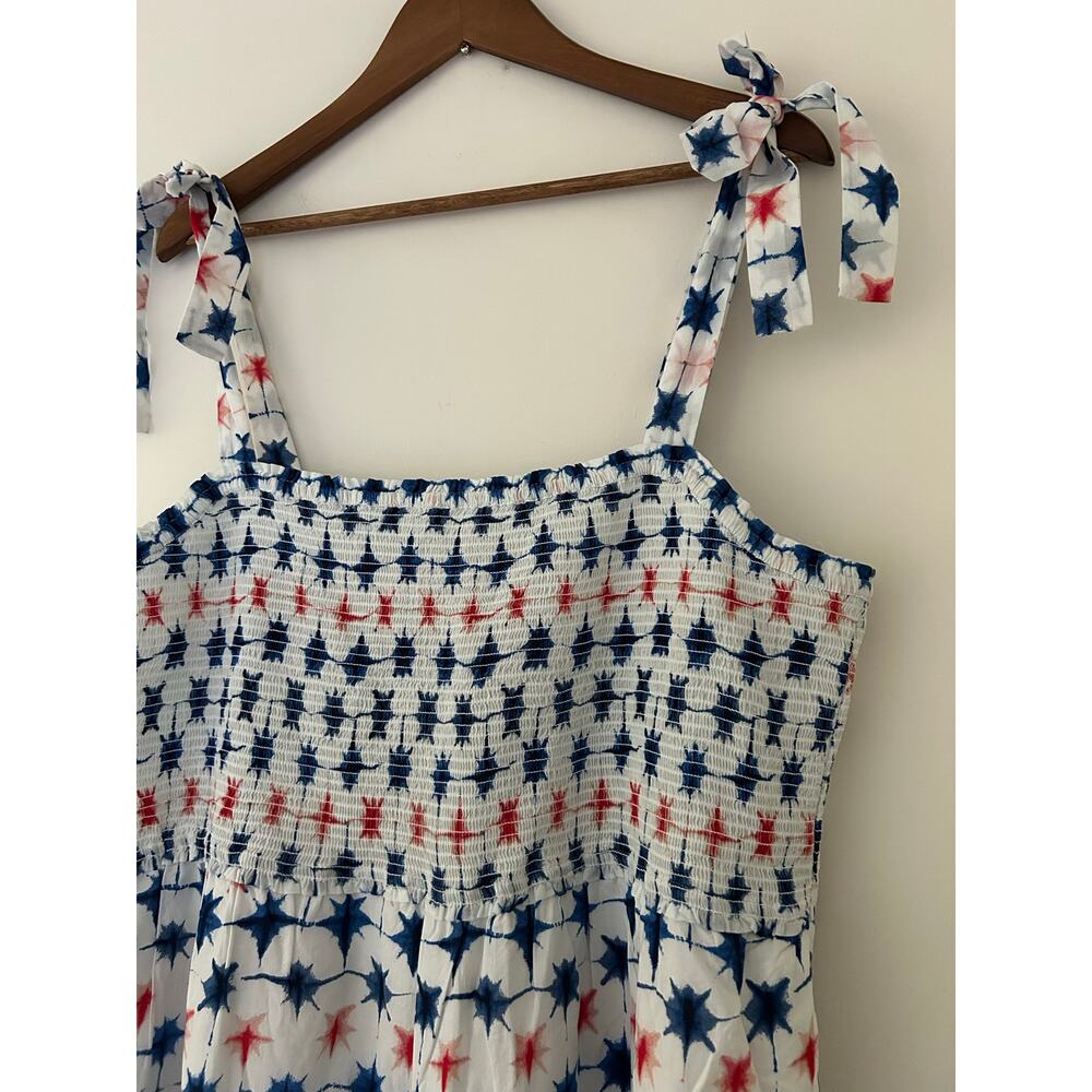 J Crew Red White Blue Maxi Tiered Smocked Tie Shoulder Dress Cotton Fireworks 2X - Picture 3 of 11